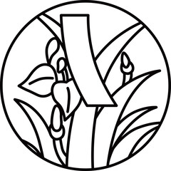 線画円形シンプル花札　菖蒲　杜若　皐月　赤短　5月　菖蒲に赤短