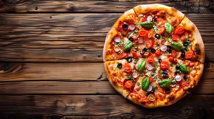 Delicious Homemade Pizza with Fresh Toppings on Rustic Wooden Background