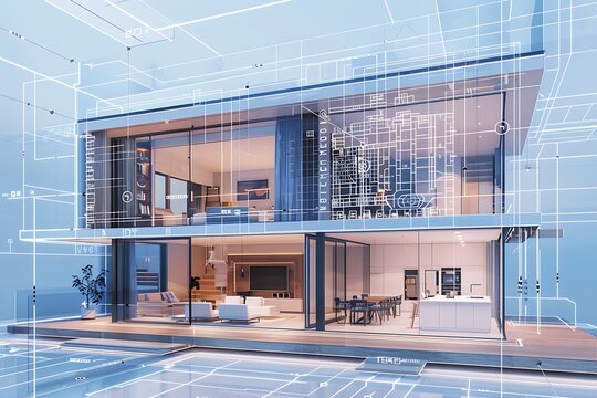 Modern Smart Home Design with Blueprint Overlay
