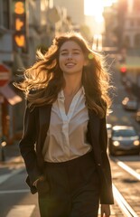 Fototapeta premium A joyful woman in a suit walks on a city street, bathed in sunlight and shadows