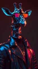 Enigmatic Giraffe Anthropomorph in Sleek Motor Suit and Reflective Synthwave Sunglasses