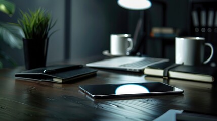 Fototapeta premium Top view of modern workspace with laptop, smartphone and plant on dark table