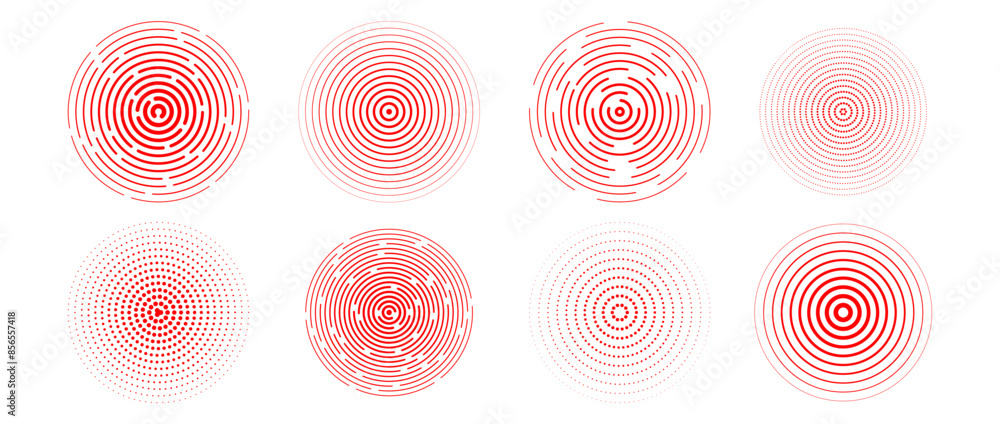 Poster Red concentric circle set. Radial sonar or sound wave ring collection. Halftone, dashed and dotted line epicenter, target, radar icon symbols. Ripple concentric signal vibration elements. Vector