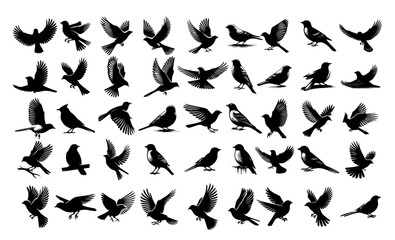 Set of flying dove silhouettes, black bird silhouette vector, pigeon silhouette.