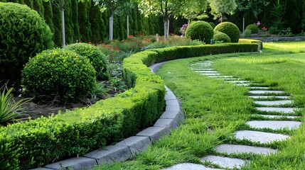 Borders with neat lines of dwarf thujas