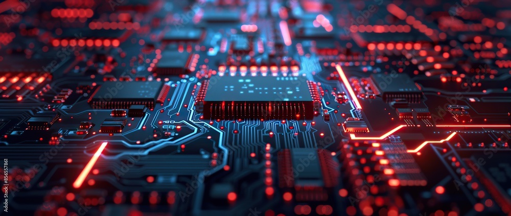 Poster closeup of a circuit board with glowing red lines