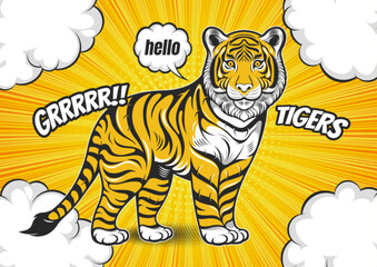 tiger cartoon comic illustration background, copy space composition, layouts animal template design for greeting card or banner website wallpaper.