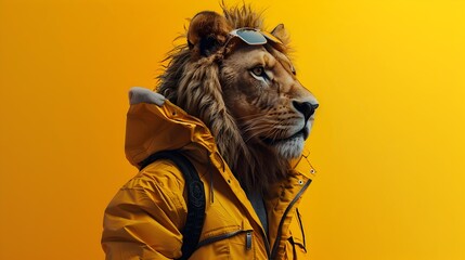 Fototapeta premium Fearsome Anthropomorphic Lion Donning Streetwear in Striking Yellow Setting