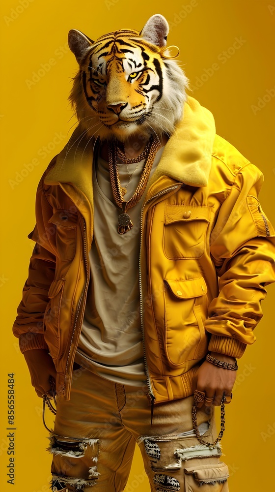 Wall mural ferocious tiger anthropomorphic figure in stylish street wear on yellow background