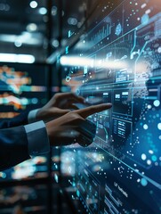 Close-up of hands interacting with digital display, analyzing data, navigating virtual interface with futuristic technology in modern workspace.