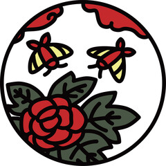 カラー円形ミニ花札　水無月　牡丹　蝶　6月　牡丹に蝶