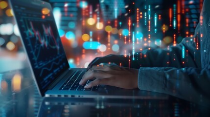 Person working on a laptop with digital data and graphs overlay at night, representing modern technology, data analysis, and finance.