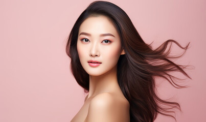 Fototapeta premium Beautiful young asian woman with clean fresh skin on white background, Face care, Facial treatment, Cosmetology, beauty and spa