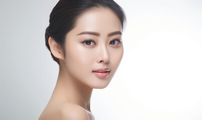 Obraz premium Beautiful young asian woman with clean fresh skin on white background, Face care, Facial treatment, Cosmetology, beauty and spa