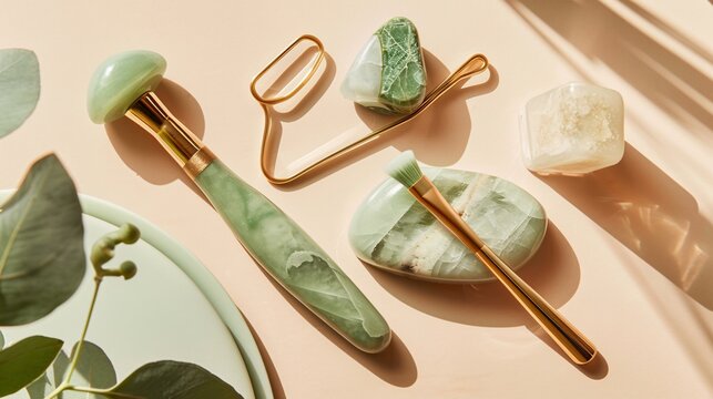 A flat lay of skincare tools like jade rollers and gua sha stones