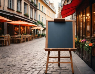 An easel on a beautiful city street, an empty space for menu placement
