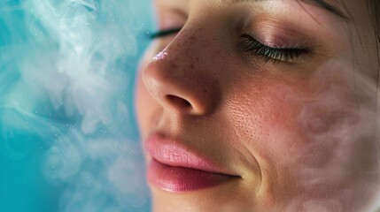 A close-up of a woman's face with a calming mist applied