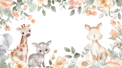 Obraz premium Watercolor baby shower card template with cute animals and flowers, Baby Shower, Pastel colors, Watercolor, delicate