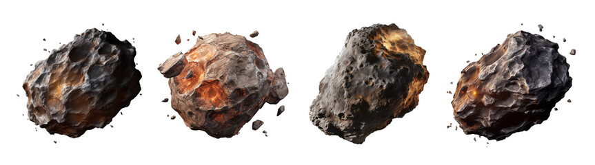 Set of flying asteroid isolated on transparent background