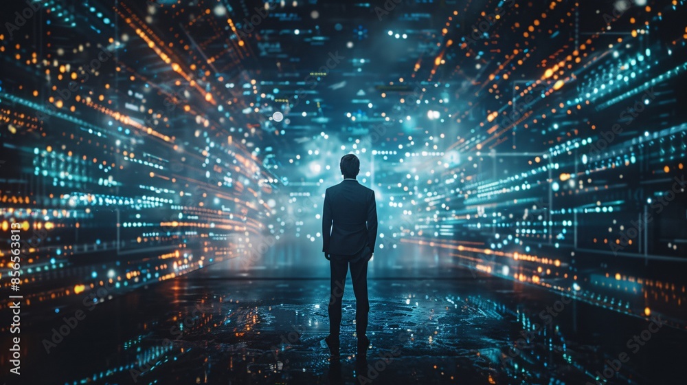 Poster a businessman immersed in a virtual metaverse environment interacts with ai-powered digital interfac