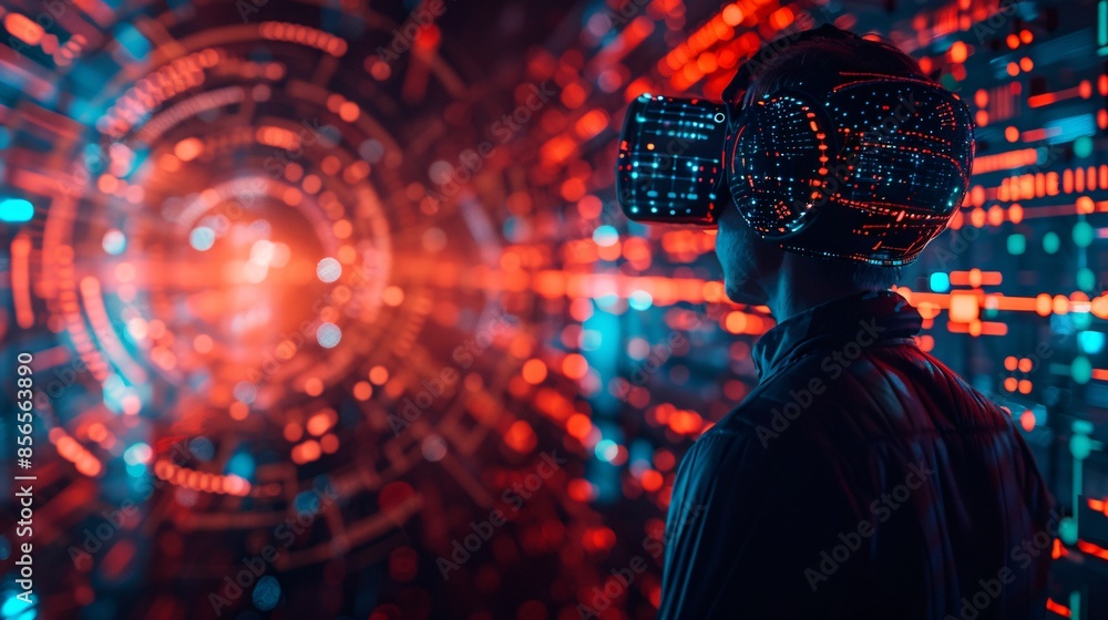 Poster against a futuristic digital backdrop, a businessman utilizes virtual reality technology to explore 