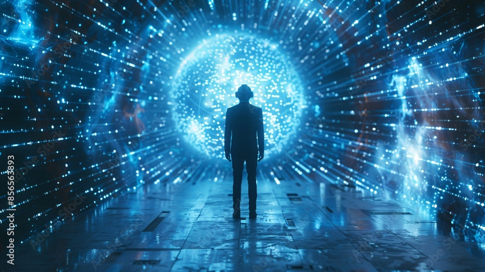 Poster against a futuristic digital backdrop, a businessman utilizes virtual reality technology to explore 