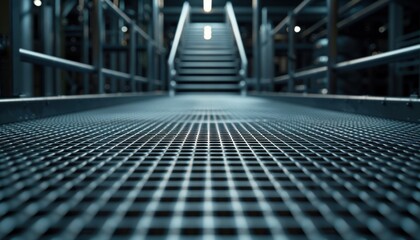 Fototapeta premium Close-up of a metal grid walkway in an industrial setting, with stairs and railings leading to an illuminated area in the background.