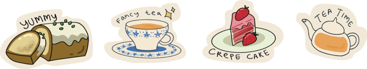 cute vector sticker set of tea time fancy cup cake bread cute flat illustration design