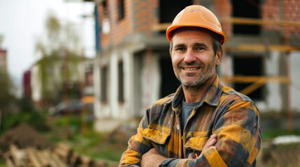Fototapeta premium portrait cheerful of builder in place of work to convey they spirit