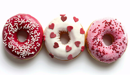 Valentine's Day themed pink, red, and white donuts isolated on a white background, perfect for celebrating the holiday with a sweet treat.