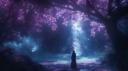 A mysterious figure stands in a misty forest bathed in ethereal purple light.  The scene evokes a sense of wonder and the unknown.