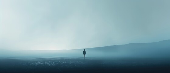 Ethereal landscape featuring a solitary figure standing amidst misty hills during early morning. Captures solitude and tranquility in nature.