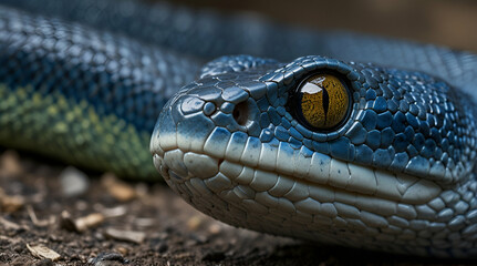 Fototapeta premium Blue viper snake closeup face, generative.ai 