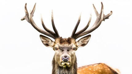 Red deer stag in front of a white background, remasterized.