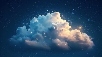 Tranquil Night Sky - Minimalistic Cloud with Stars on Navy Blue Background
