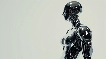 A Futuristic Chrome-Effect Robot Stands Sideways, Emphasizing Its Glossy, Reflective Surfaces and Sleek Design. Left Copy Space