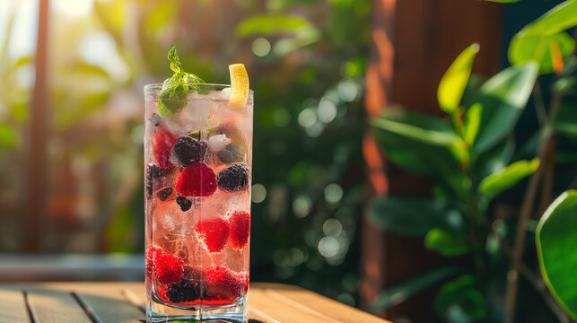 A colorful image of a berry spritzer cocktail, served in a tall glass filled with ice and mixed berries like raspberries and blackberries