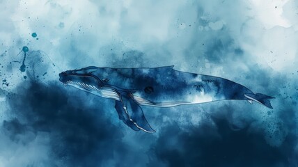Watercolor Illustration of a Whale Swimming in Deep Waters. Minimalist Style with Dark Blues and Whites.