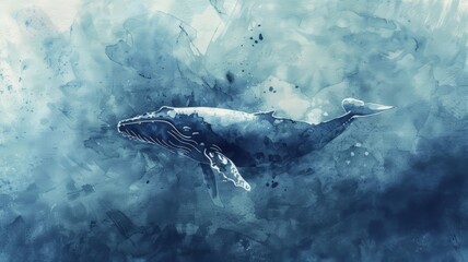 Fototapeta premium Watercolor Illustration of a Whale Swimming in Deep Waters. Dark Blues and Whites, Abstract Background.