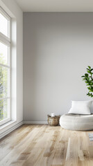 Serene corner in a living room interiors composition. Residential composition with natural window lighting, minimal furniture and wooden floors. Real Estate ad.