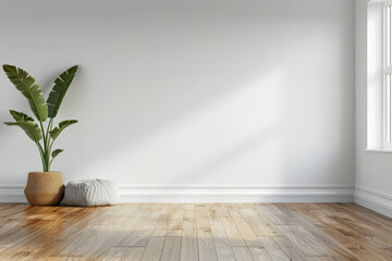 Serene corner in a living room interiors composition. Residential composition with natural window lighting, minimal furniture and wooden floors. Real Estate ad.