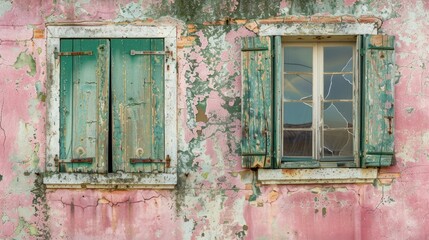 Aged House with Green Shutters and Peeling Pink Paint