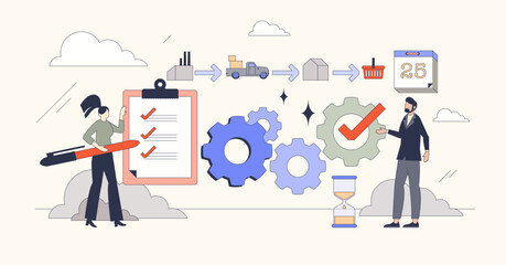Supply chain management and trade logistics tiny person neubrutalism concept. Product delivery from factory warehouse to customer vector illustration. Distribution system organization or coordination