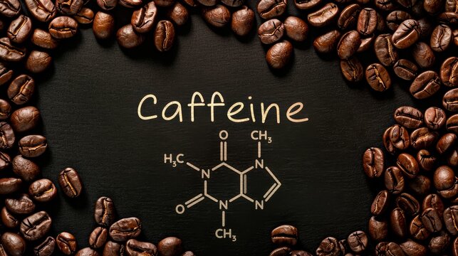 Coffee beans surrounding the word 'caffeine' and its chemical structure on a black background.