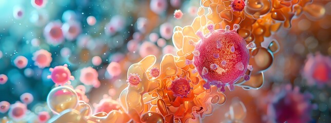 Abstract representation of vibrant and colorful cellular structures and biological entities under a microscope, showcasing cellular activity.