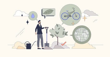 Green infrastructure and sustainable living tiny person neubrutalism concept. Use ecological and nature friendly resources for climate care vector illustration. Alternative energy and transportation.