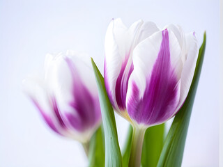 Studio Shot of White and Purple Colored Tulip Flower Isolated on White Background. Large Depth of Field