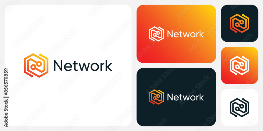 Poster vector logo design of initial letter n geometric hexagon shape technology connection with modern, si