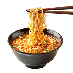 bowl of noodles with chopsticks isolated on transparent white background, clipping path