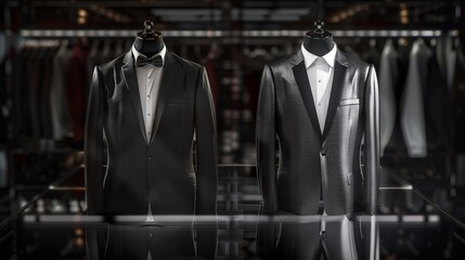 Studio photo of a tuxedo jacket and a white dress shirt neatly arranged on a glass surface creating reflections and a modern look